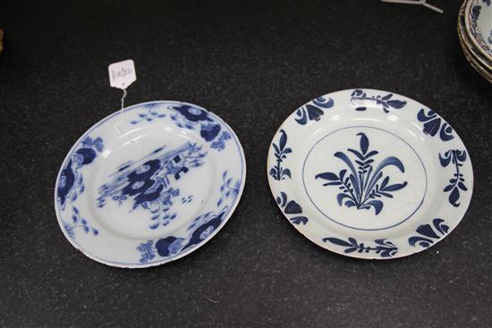 Seven English and Dutch delftware plates and dishes, c.1700-1760, 22 - 23cm, some damage